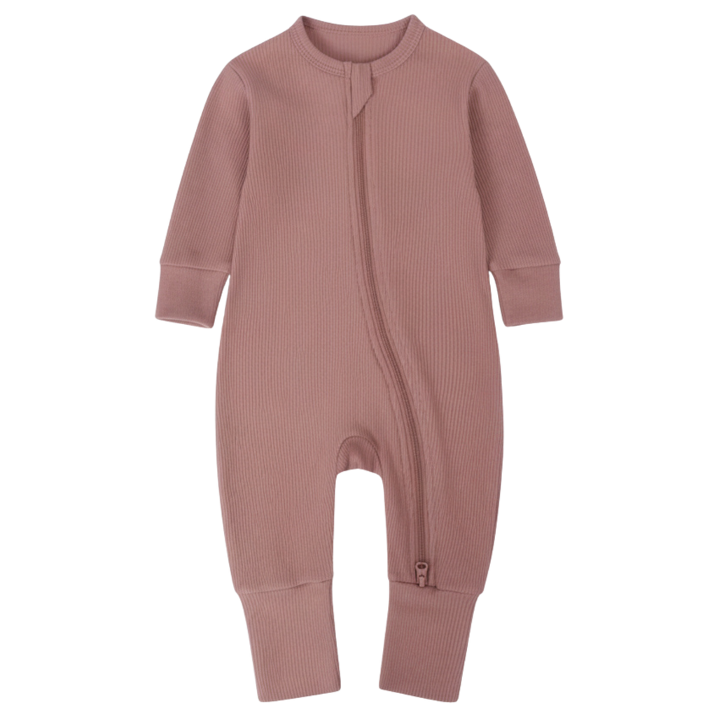 Long Sleeve Ribbed Bamboo Sleep + Play Romper - Dusty Pink