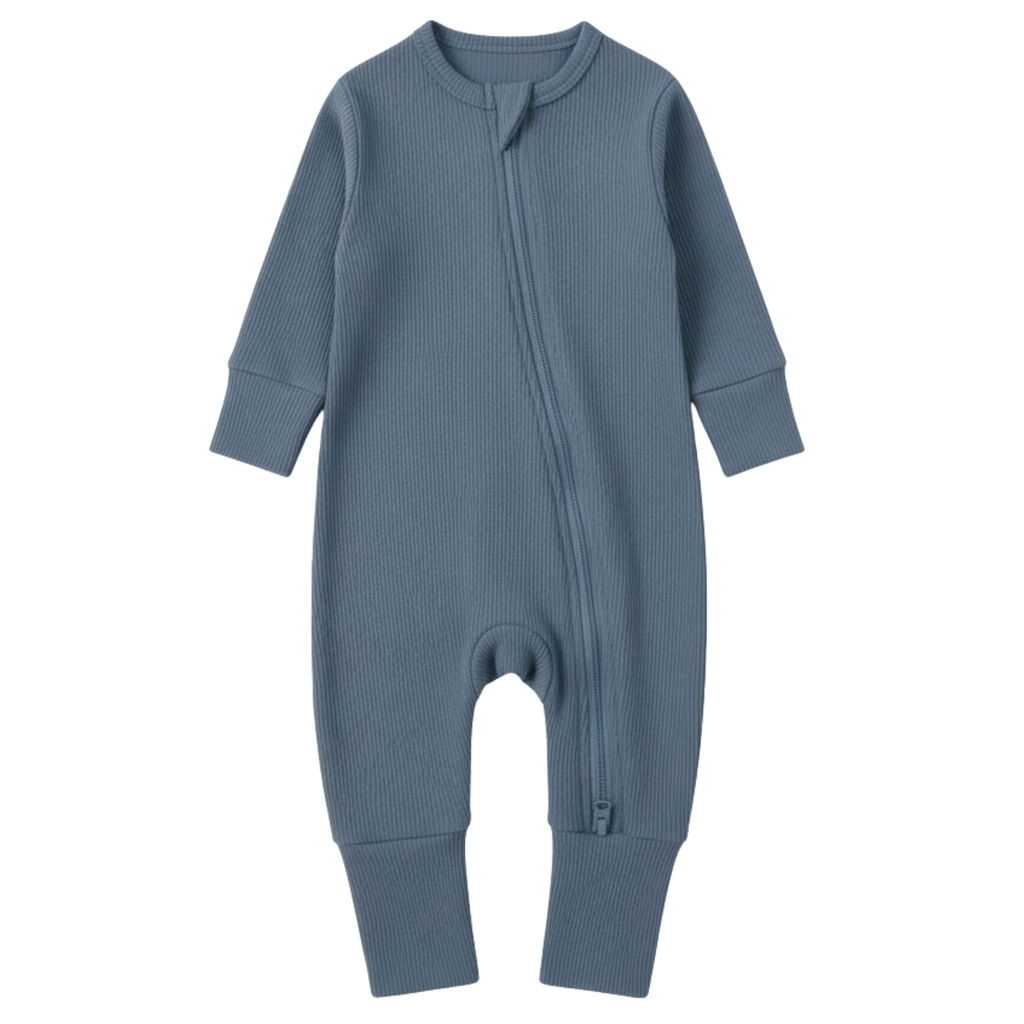 Long Sleeve Ribbed Bamboo Sleep + Play Romper - Cyan