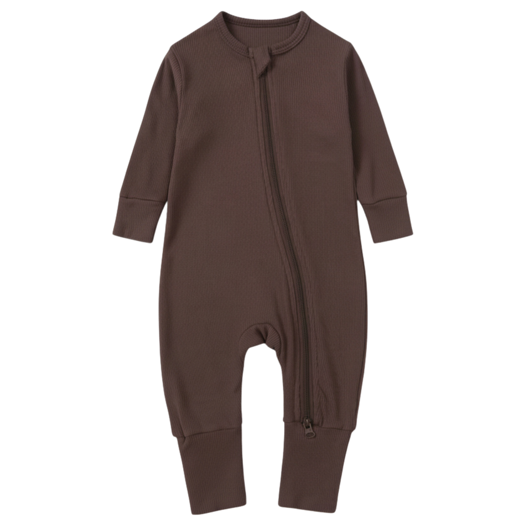 Long Sleeve Ribbed Bamboo Sleep + Play Romper - Cocoa