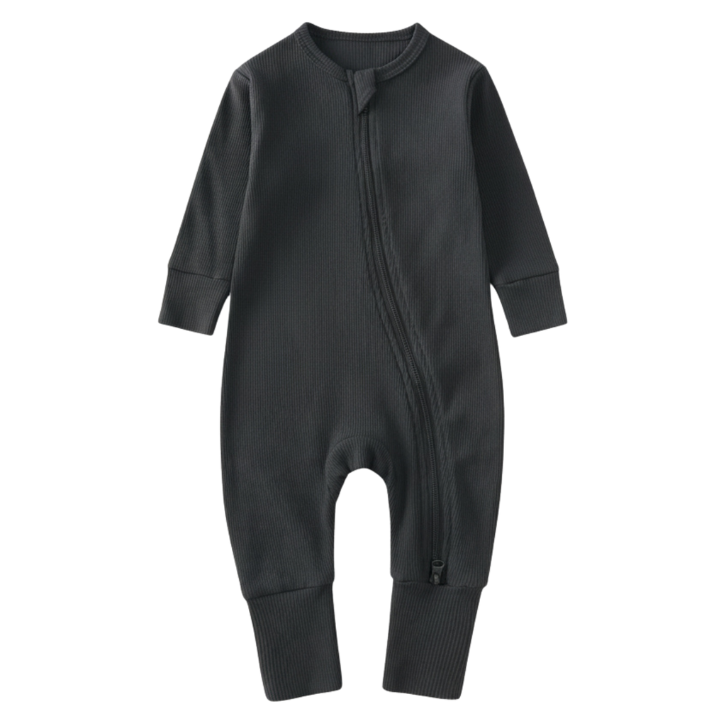 Long Sleeve Ribbed Bamboo Sleep + Play Romper - Coal