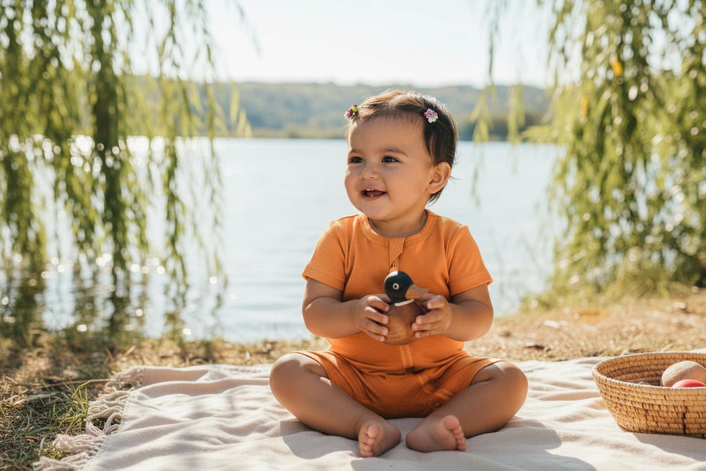The Shortie - Bamboo Sleep + Play Romper - Tangerine